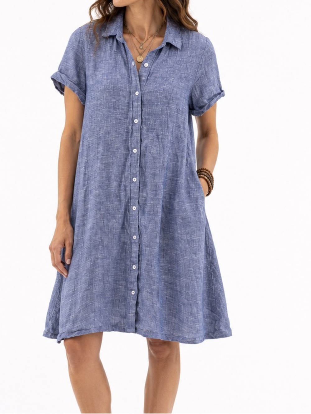 Tahari Blue 100% Linen Button Front Shirt Dress Size Medium